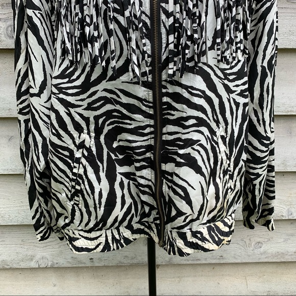 Vintage 80s Silk Zebra Print Fringe Trim Long Sleeve Zip Front Collared Jacket - Picture 8 of 16
